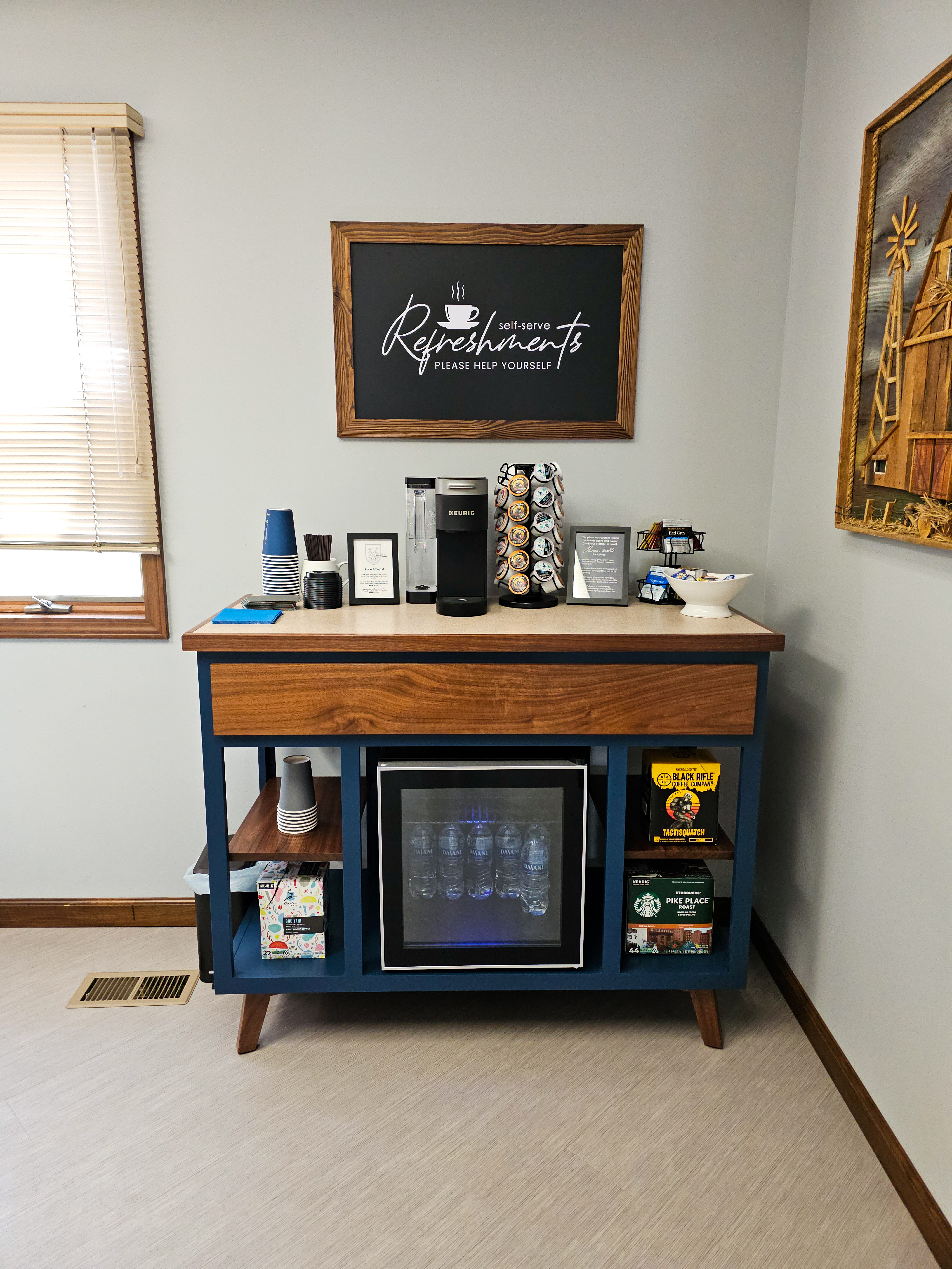 CUSTOM DESIGNED AND BUILT REFRESHMENT STAND IN THE CONFERENCE ROOM